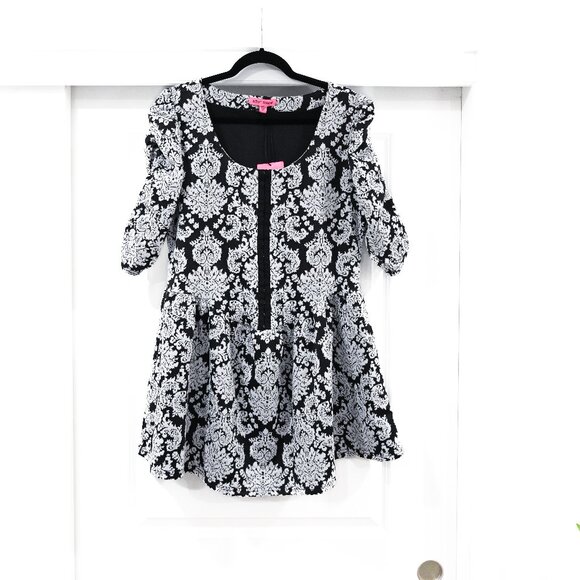 Betsy Johnson Size XL Black Floral Corset Puffed Sleeve Mini Dress NWT - Picture 1 of 9